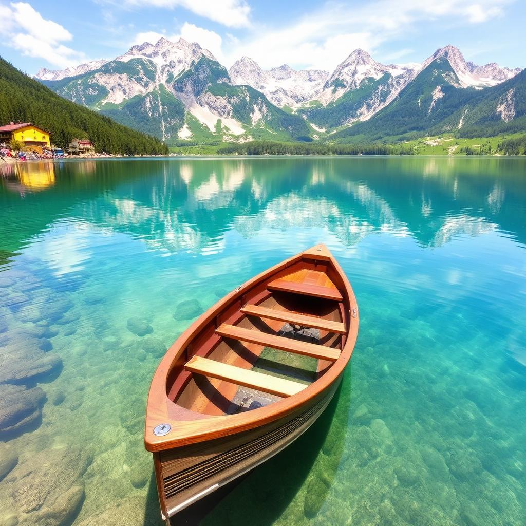 Lago alpino con barca in legno