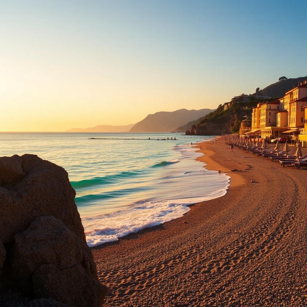 Spiaggia italiana al tramonto con acqua turchese